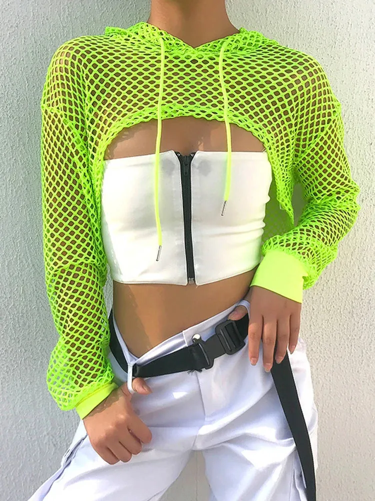 Streetwear Neon Green Mesh Fishnet Top Women Tshirt Perspective Smock Long Sleeve Women's T-shirts Sexy Cropped Shirt