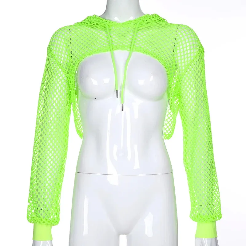 Streetwear Neon Green Mesh Fishnet Top Women Tshirt Perspective Smock Long Sleeve Women's T-shirts Sexy Cropped Shirt