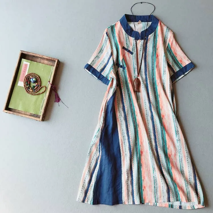 Striped Chinese Traditional Qipao Dress with Short Sleeves