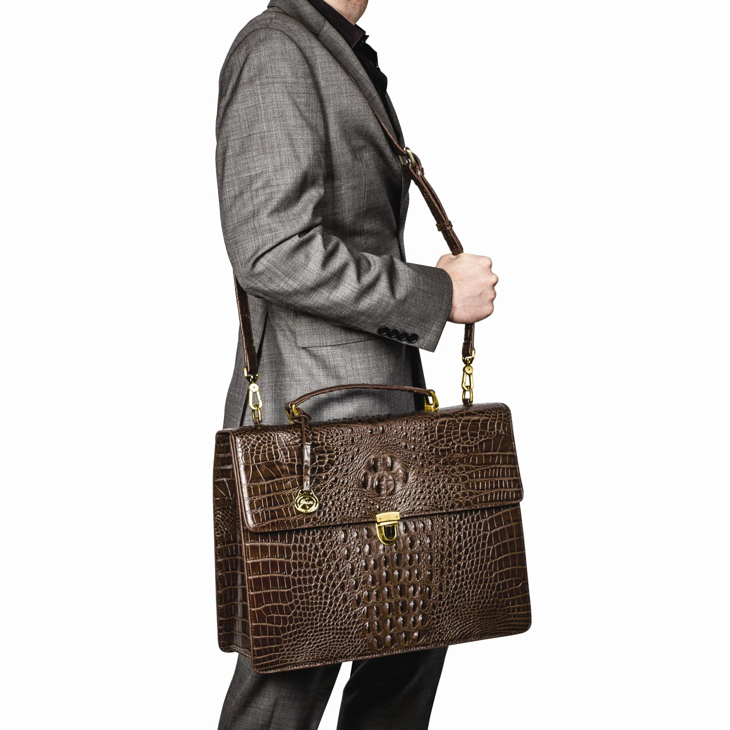 Top Grain Leather Croc Brown Briefcase Messenger Bag