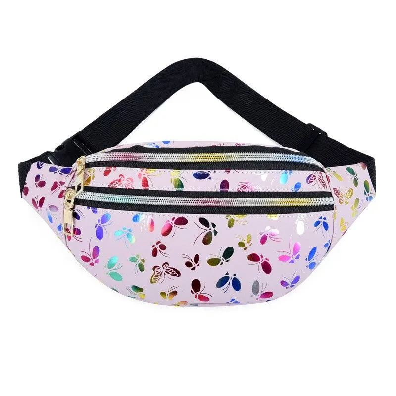 Trendy Women's Banana Shape Leather Waist Bags With Holographic Pattern