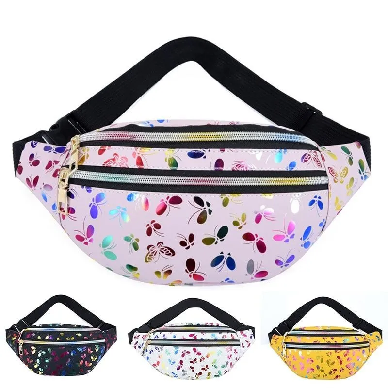 Trendy Women's Banana Shape Leather Waist Bags With Holographic Pattern