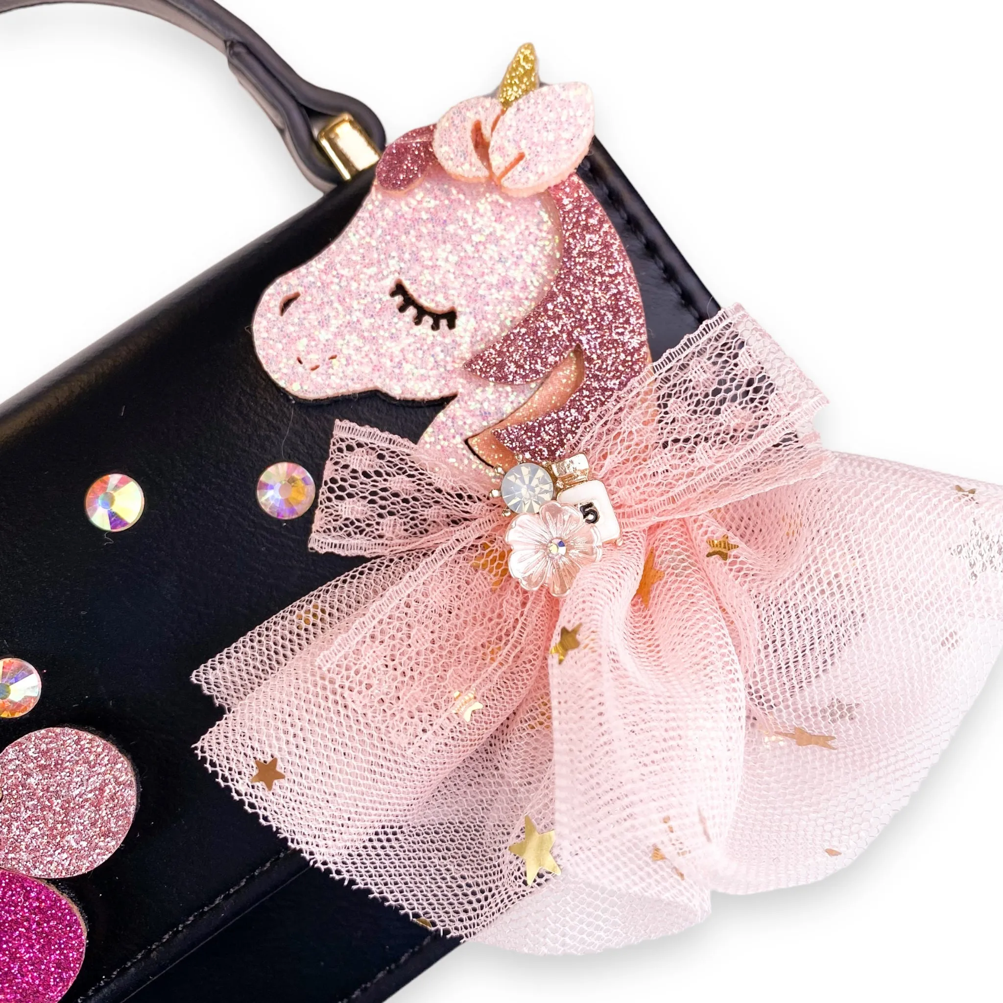 Unicorn & Cherry Applique Purse - Black