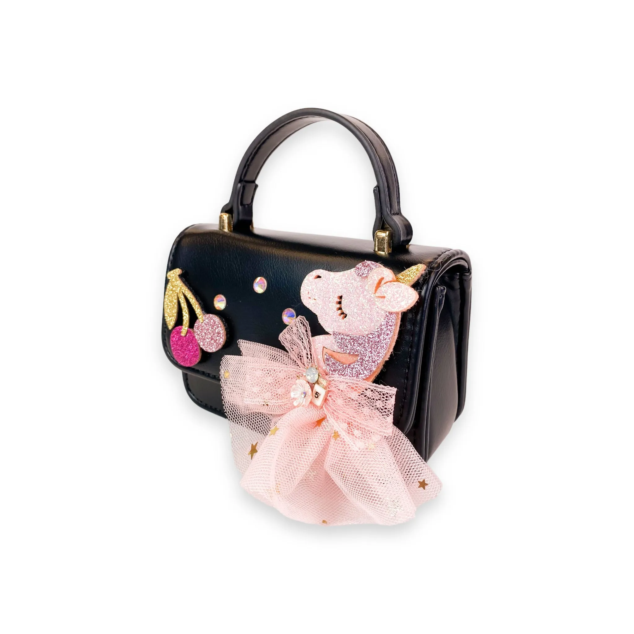 Unicorn & Cherry Applique Purse - Black