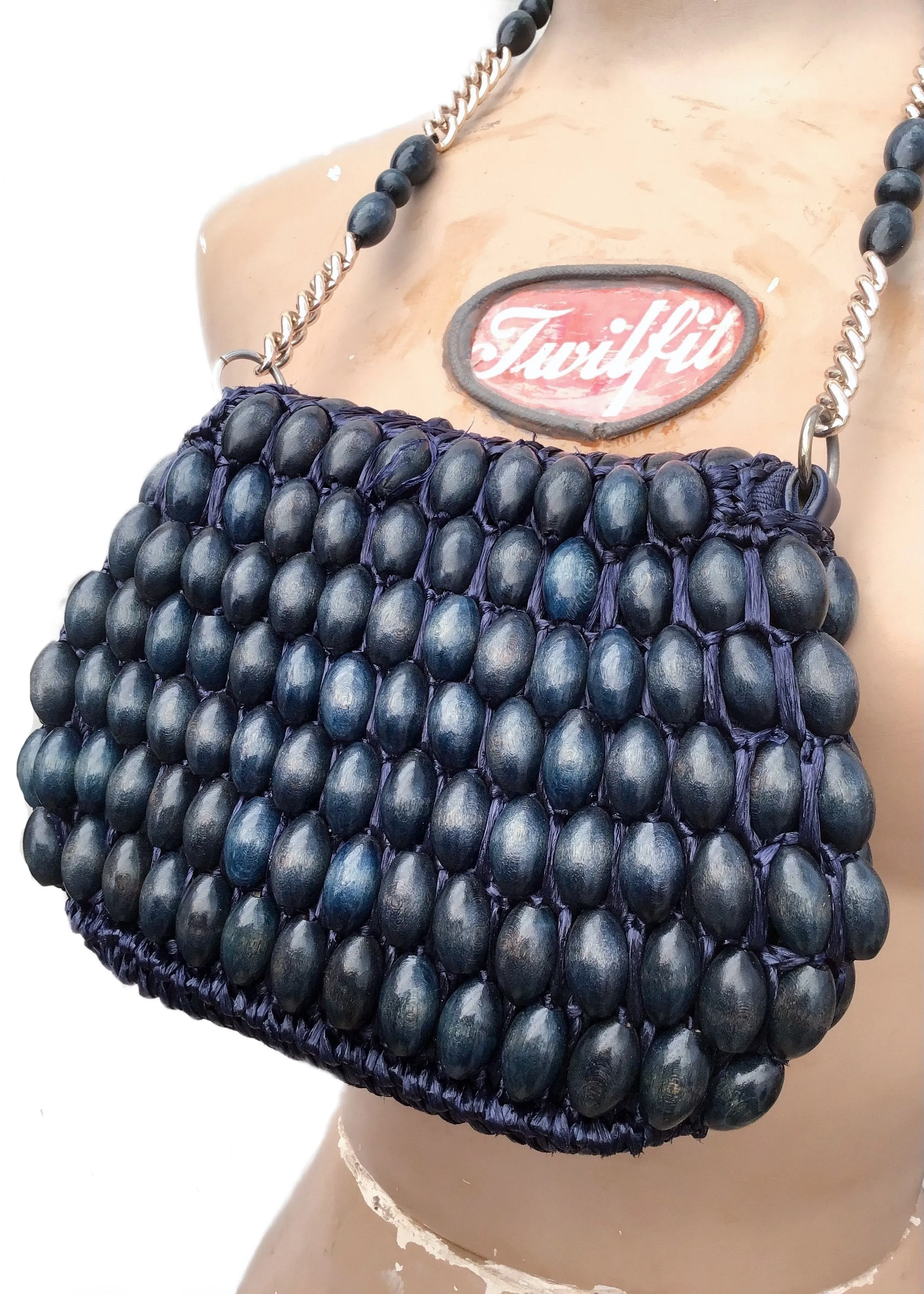 Vintage Blue Dyed Wood Beaded Raffia Shoulder Bag Purse