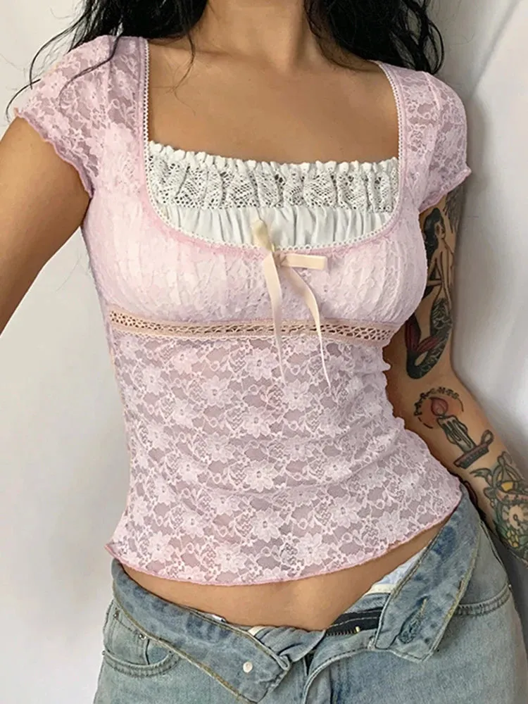 Y2K Sweet Pink Lace Crop Top Frills Patchwork Sexy Summer T shirt Women Harajuku Bow Transparent Korean Shirt Clothes