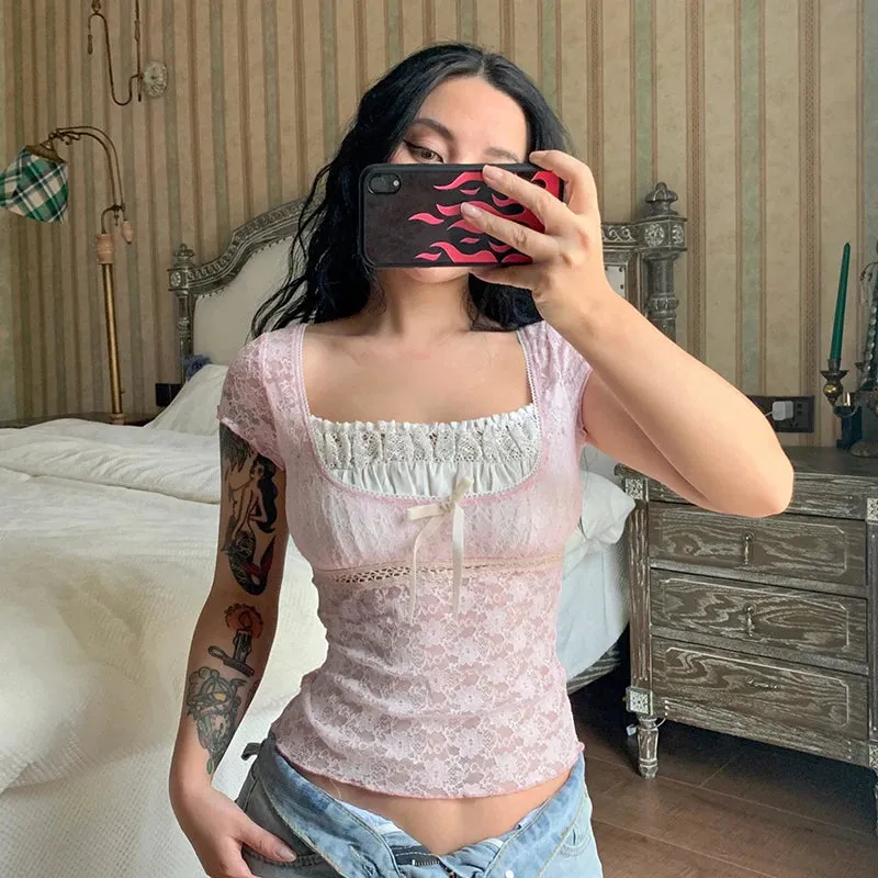 Y2K Sweet Pink Lace Crop Top Frills Patchwork Sexy Summer T shirt Women Harajuku Bow Transparent Korean Shirt Clothes